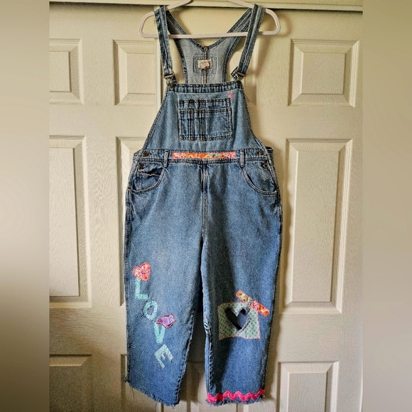 Women's Blue Denim Overalls with Colorful Patches - Picture 4 of 15